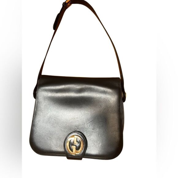 Vintage Authentic Gucci Black Leather Shoulder Bag Purse Gold Interlocking G’s - Picture 11 of 12